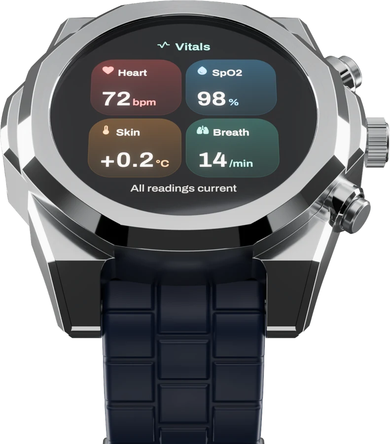 The Airframe app's Activity screen with this week's steps, training and sleep, next to the watch showing heart rate, blood oxygen, skin temperature and breathing.