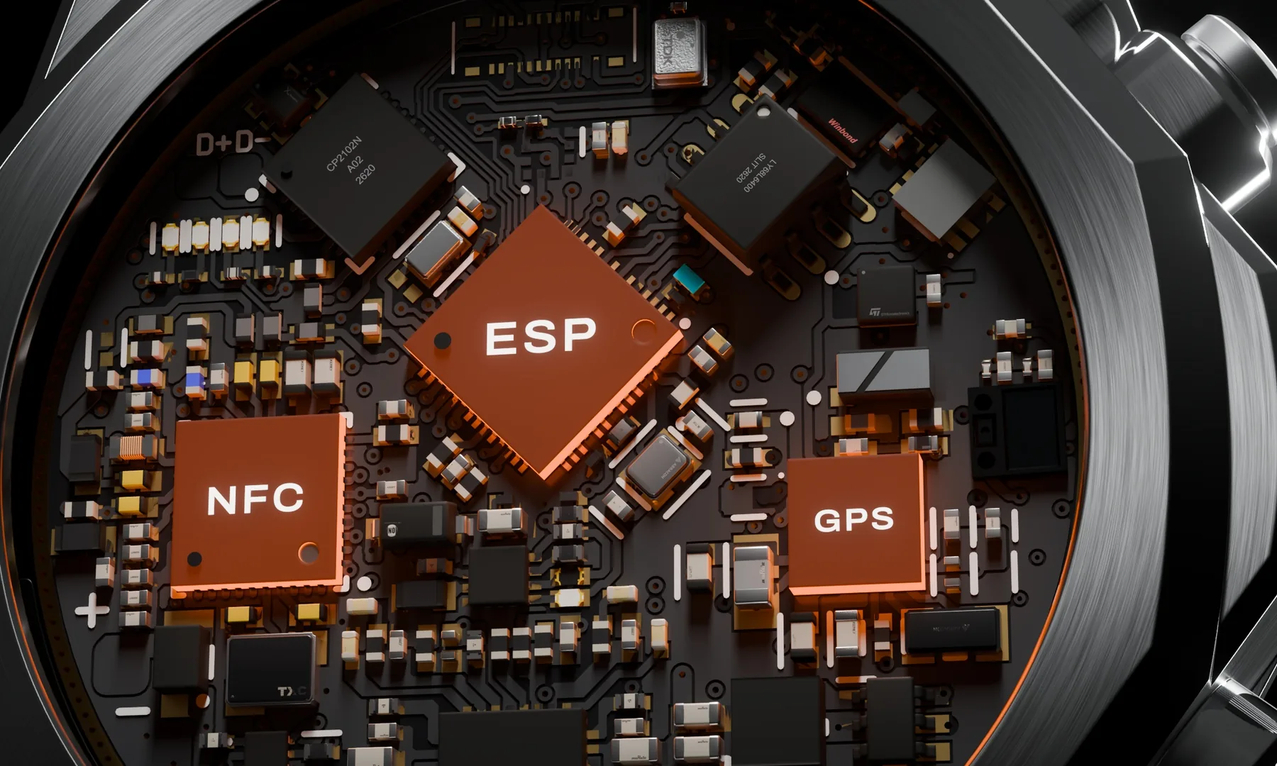 The compute layer inside the case: the ESP processor in the middle, the NFC reader to the left and the GPS receiver to the right, lit orange.