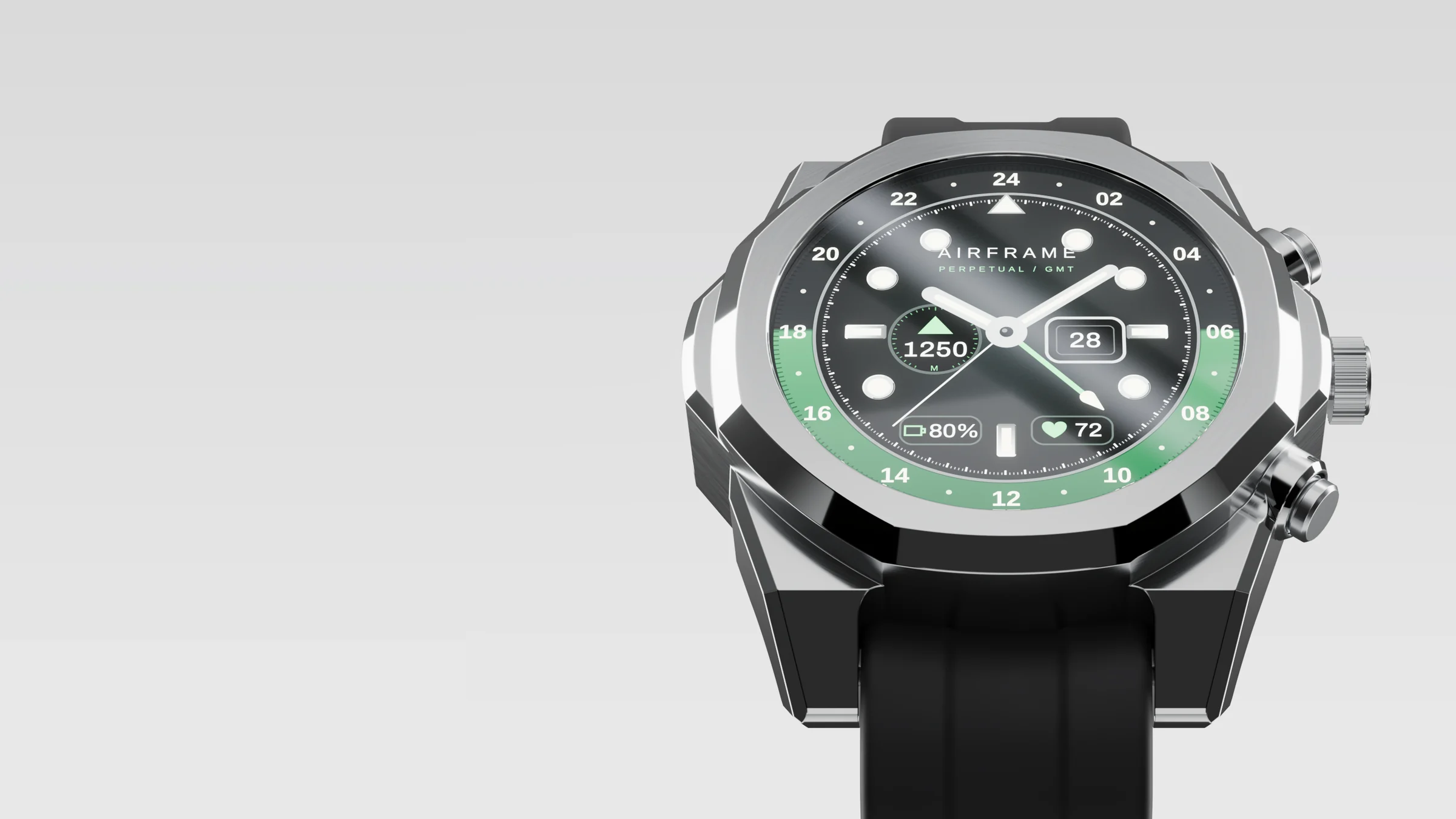 Airframe on a black rubber strap, seen from the front on a light grey studio ground: black GMT dial with a green 24-hour ring, crown between two pushers.