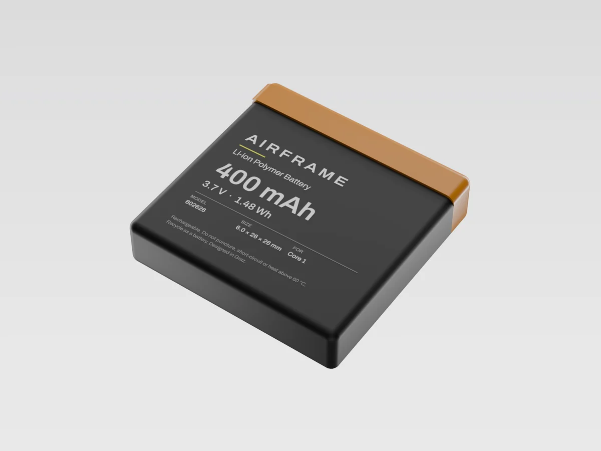 Render of the black 400 mAh Airframe battery cell with its printed label.