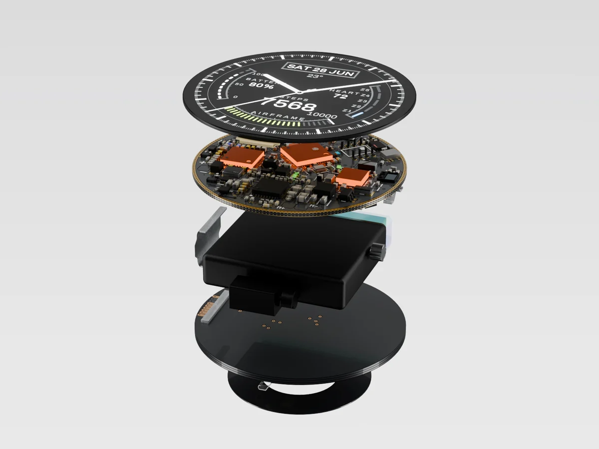 The Tech Puck pulled apart into its layers: display, board, battery, sensor board and charging coil.