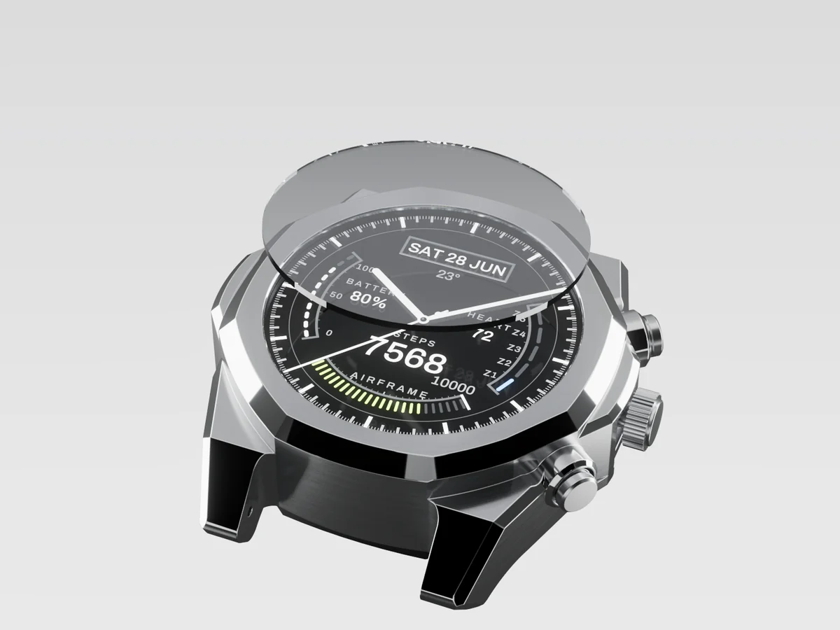 Render of the clear sapphire crystal lifted straight off the watch case, the lit watch face underneath.