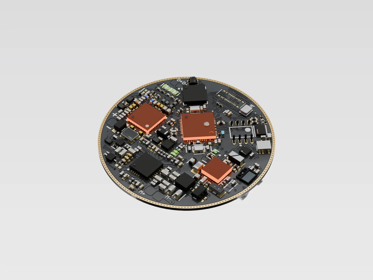 Render of the round main board on its own, its chips and parts facing up.