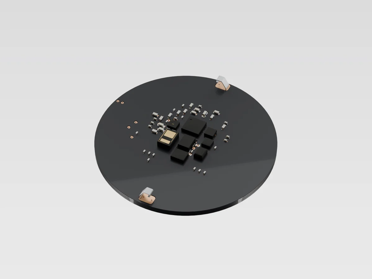 Render of the round sensor board on its own, turned over so the sensors face up.