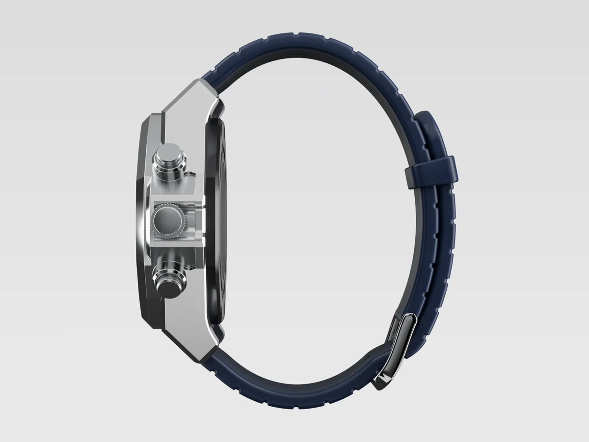 Render of the watch from the side on the navy rubber strap, closed with its steel pin buckle and keeper.